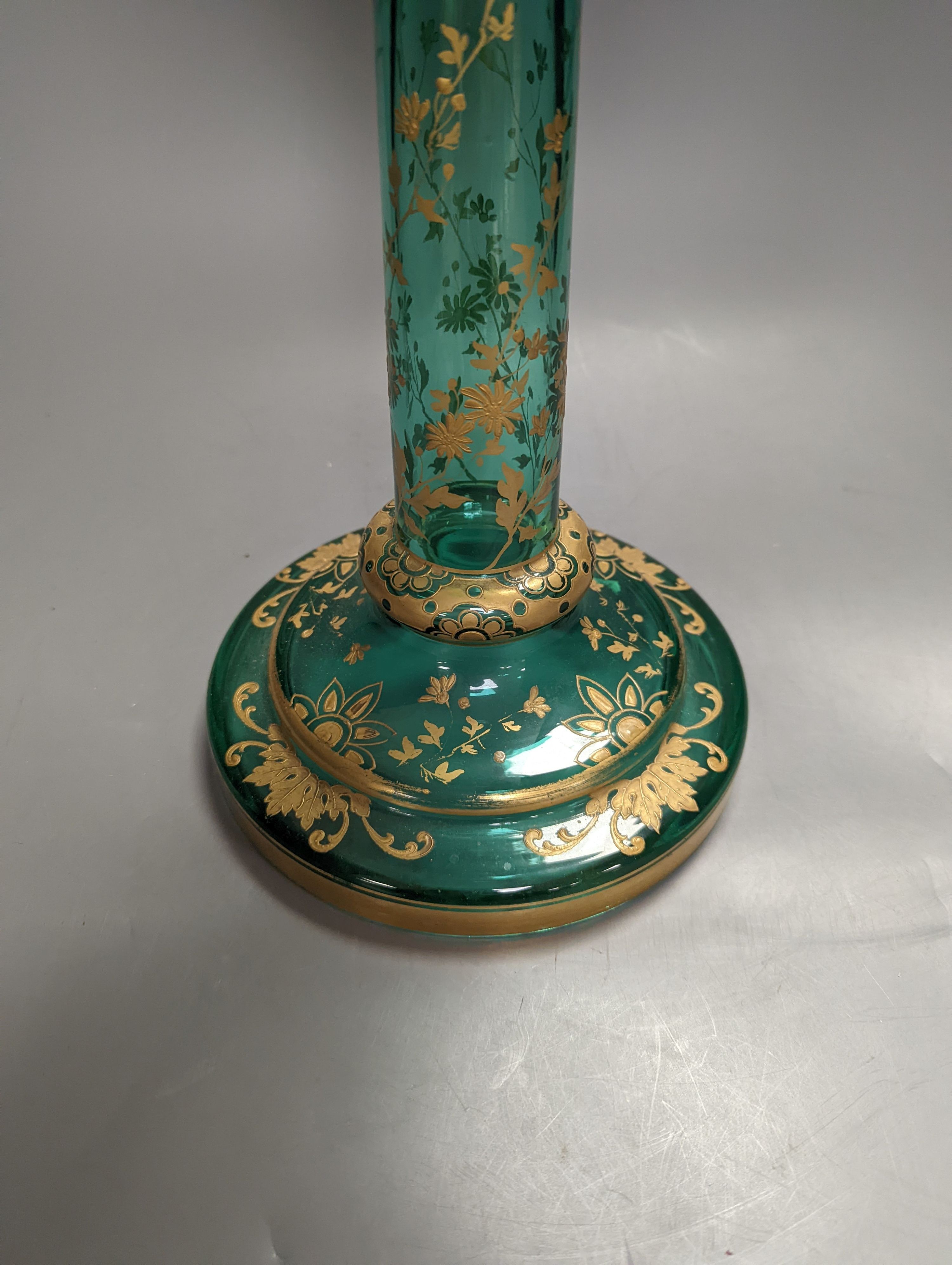 A tall Bohemian gilded green glass oil lamp, c.1900, height 48cm excl. light fitting